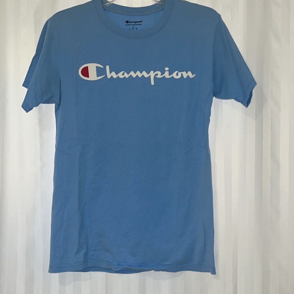 CHAMPION blue short sleeve tshirt w/logo C on sleeve and full logo across chest